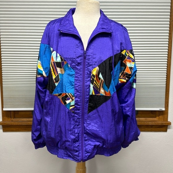 Bocoo Vintage 80’s Purple Patchwork Nylon Zip Up Windbreaker Jacket Coat - Picture 1 of 10